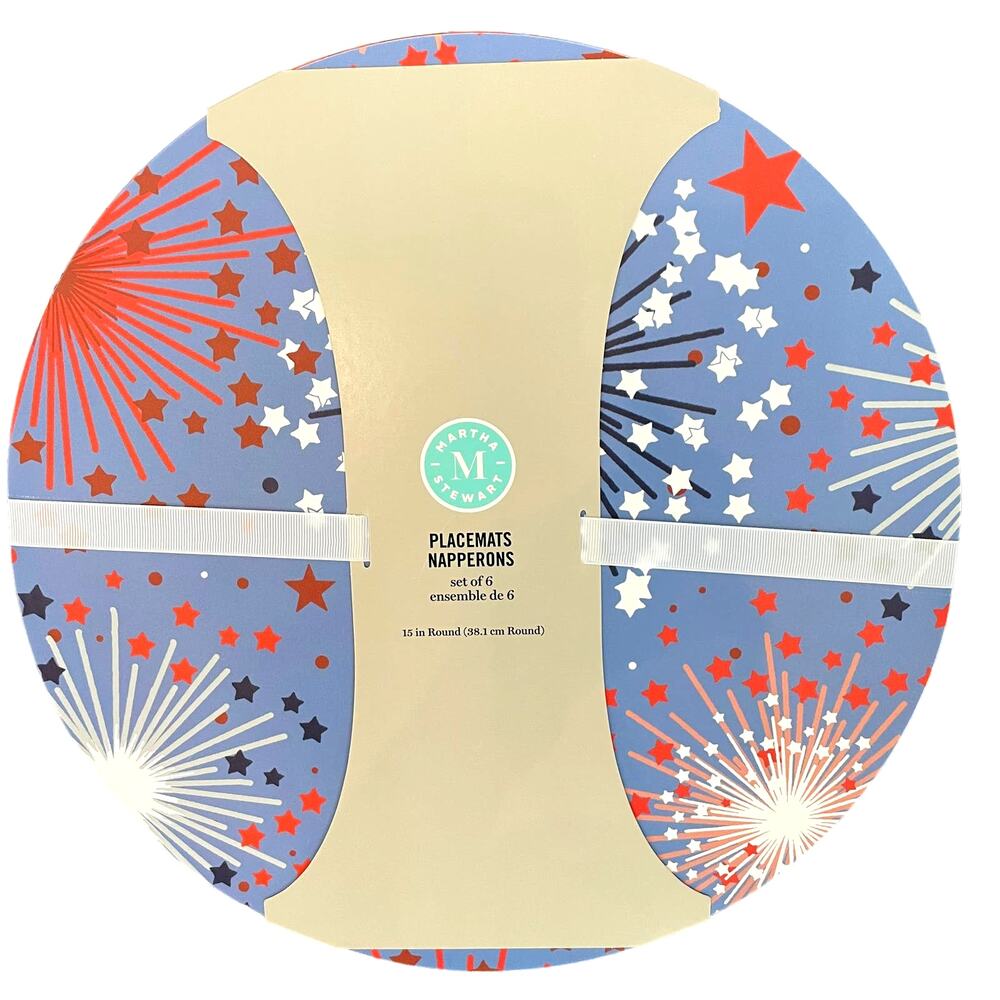 6 pc MARTHA STEWART Patriotic Red White  Blue Fireworks 15" Round Placemats NEW